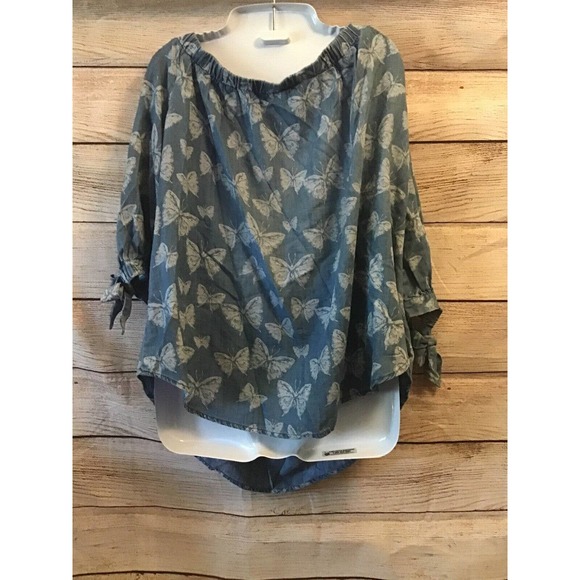 INC International Concepts Blue Butterflies Off The Shoulder Top Size 16W - Picture 2 of 4